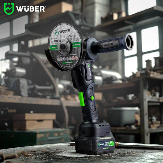 Akumulatorowa szlifierka kątowa WUBER 20 V z tarczą o średnicy 125 mm i ergonomiczną rączką