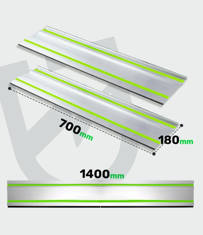 Dwa metalowe elementy o wymiarach 700 mm i 1400 mm, z zielonymi paskami na powierzchni.