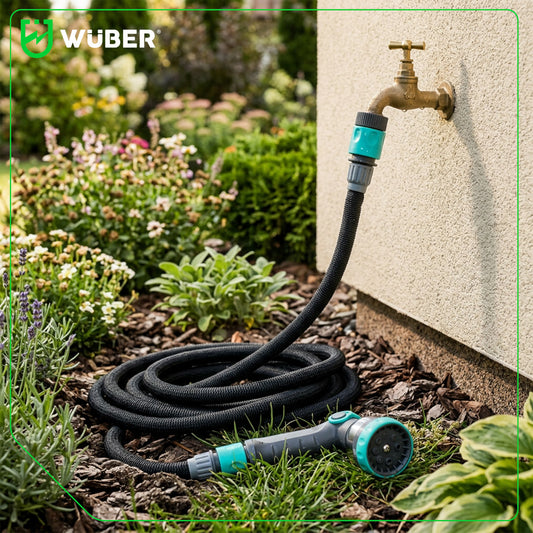 Zestaw wąż ogrodowy rozciągliwy elastyczny 22,5 m i pistolet +szybkozłączki WUBER