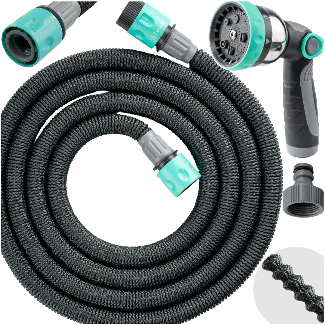 Zestaw wąż ogrodowy rozciągliwy elastyczny 22,5 m i pistolet +szybkozłączki WUBER