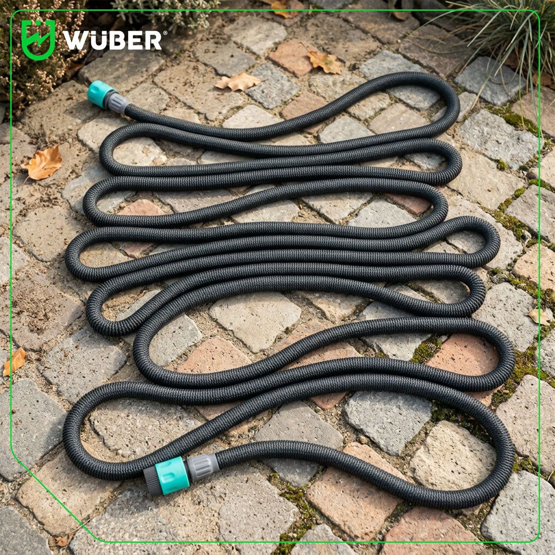 Zestaw wąż ogrodowy rozciągliwy elastyczny 22,5 m i pistolet +szybkozłączki WUBER