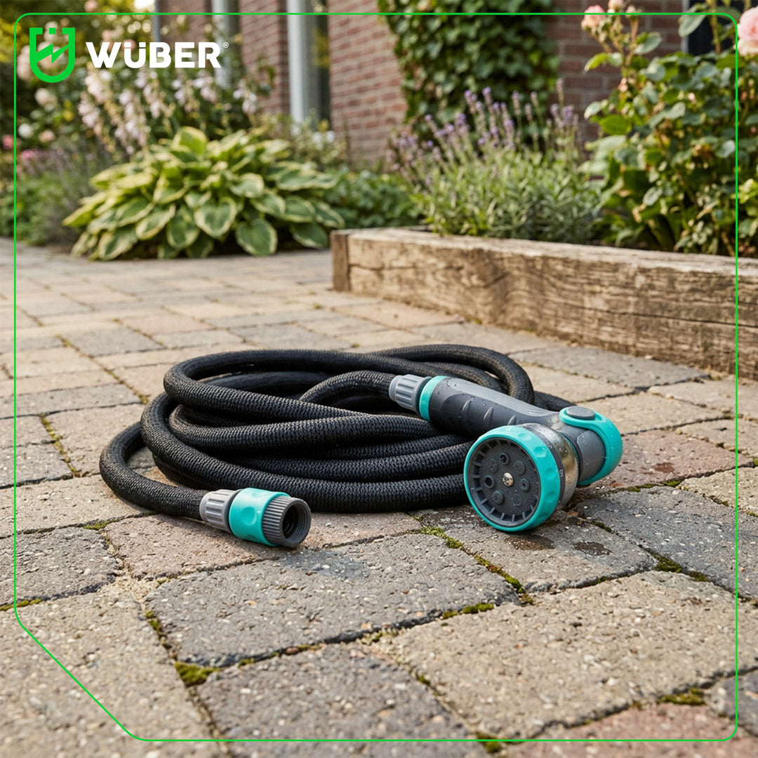 Zestaw wąż ogrodowy rozciągliwy elastyczny 22,5 m i pistolet +szybkozłączki WUBER