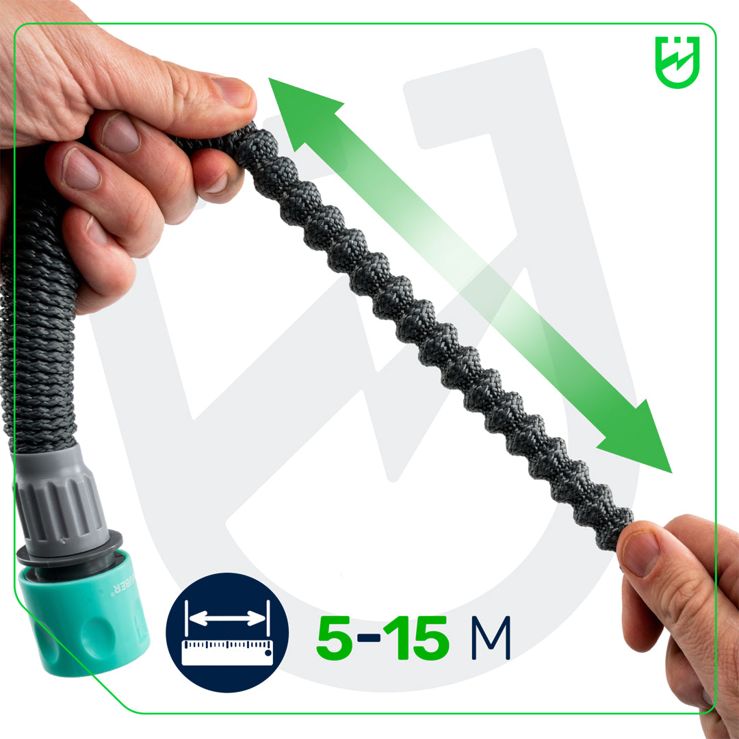 Zestaw wąż ogrodowy rozciągliwy elastyczny 15 m i pistolet +szybkozłączki WUBER