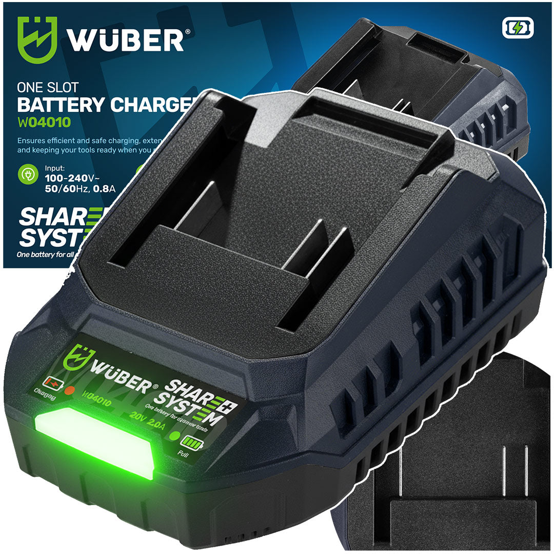 Ładowarka do baterii z zieloną lampką oznaczającą pełne naładowanie