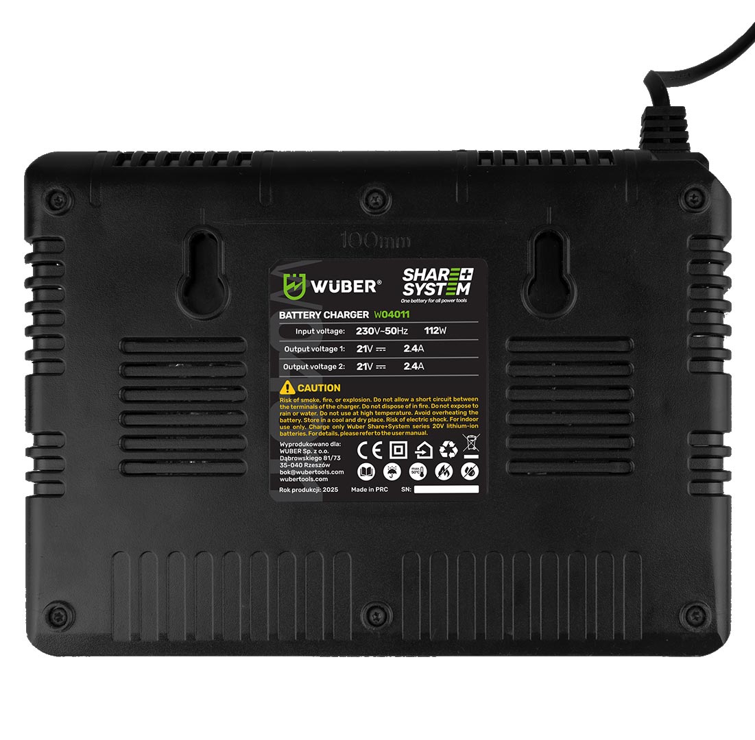 Ładowarka na dwie baterie Share+ System - widok na etykietę producenta