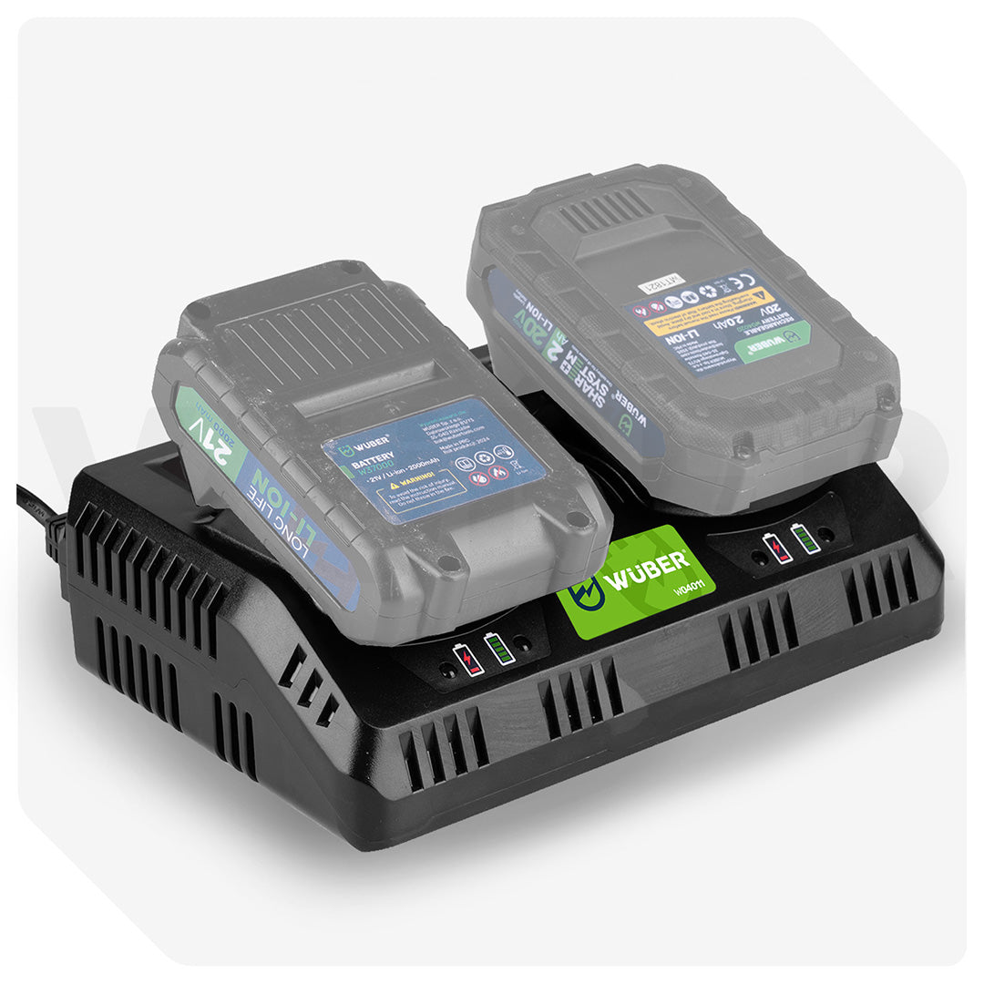 Dwie baterie ładujące się na podwójnej ładowarce WUBER