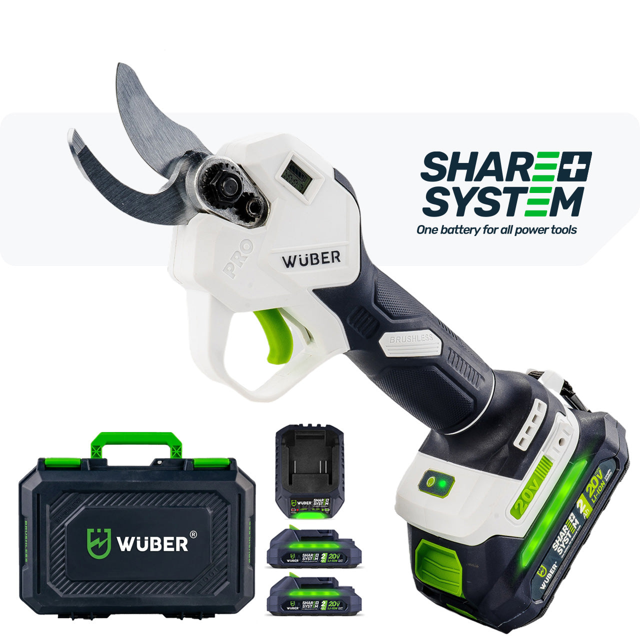 Sekator akumulatorowy nożyce 20V [Zestaw: 2x Bateria 2.0 Ah i Ładowarka] WUBER