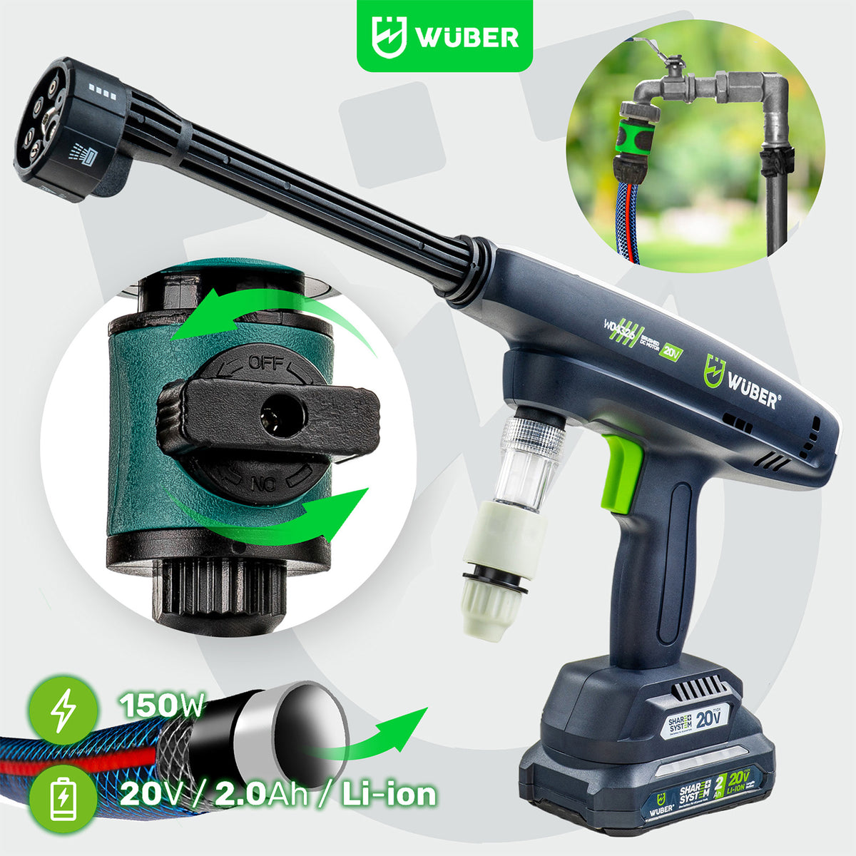 Myjka ciśnieniowa akumulatorowa 15 bar 240 l/h Share+ System 20 V WUBER