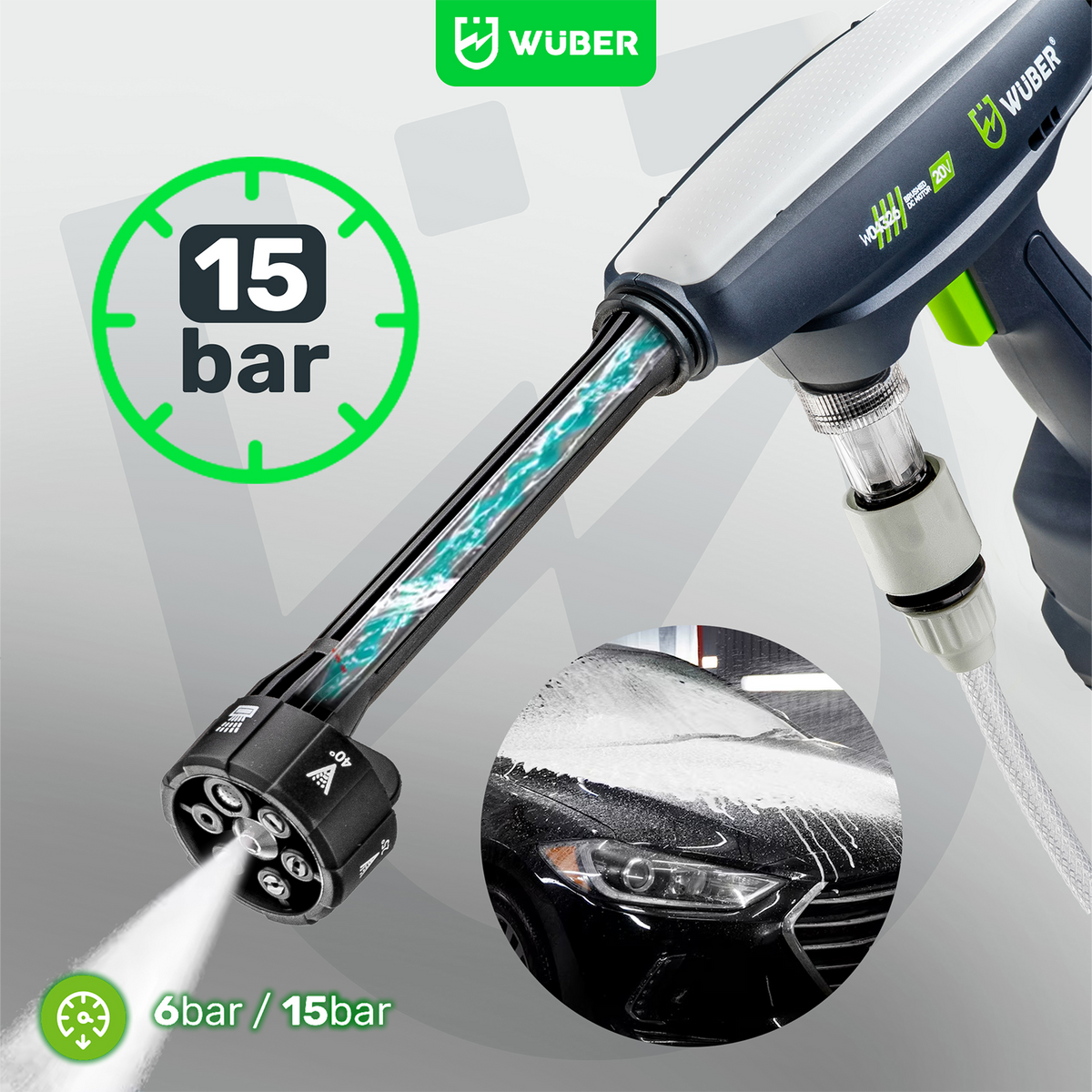 Myjka ciśnieniowa akumulatorowa 15 bar 240 l/h Share+ System 20 V WUBER