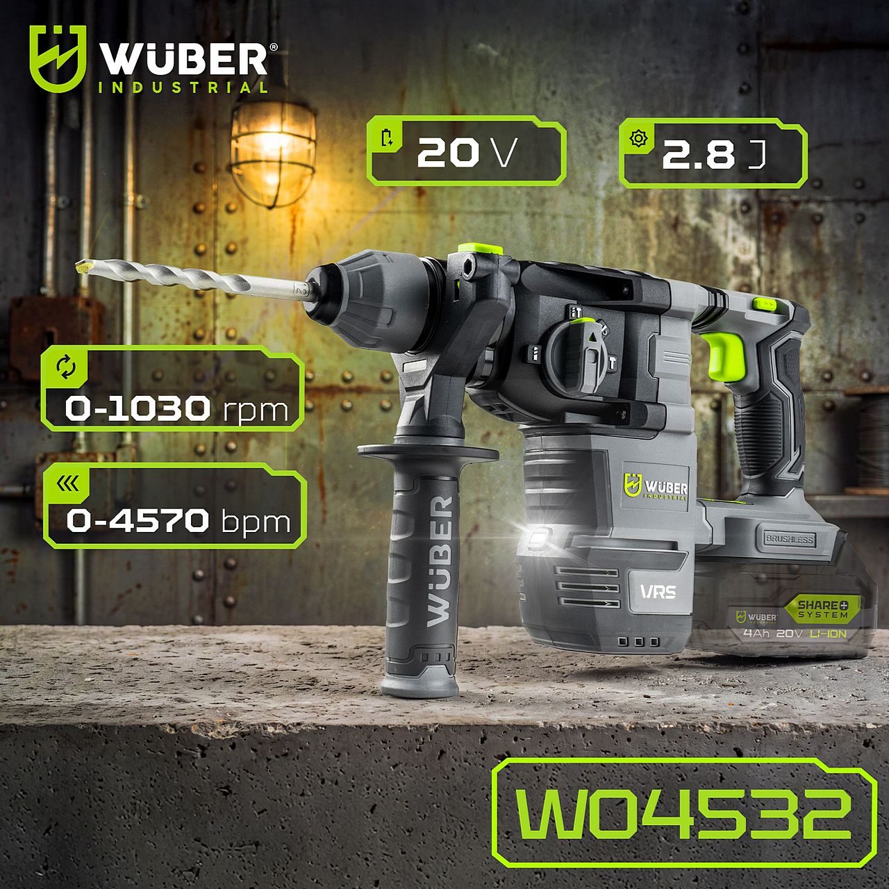 Młotowiertarka udarowa akumulatorowa 20 V 2,8 J SDS+ SOLO WUBER