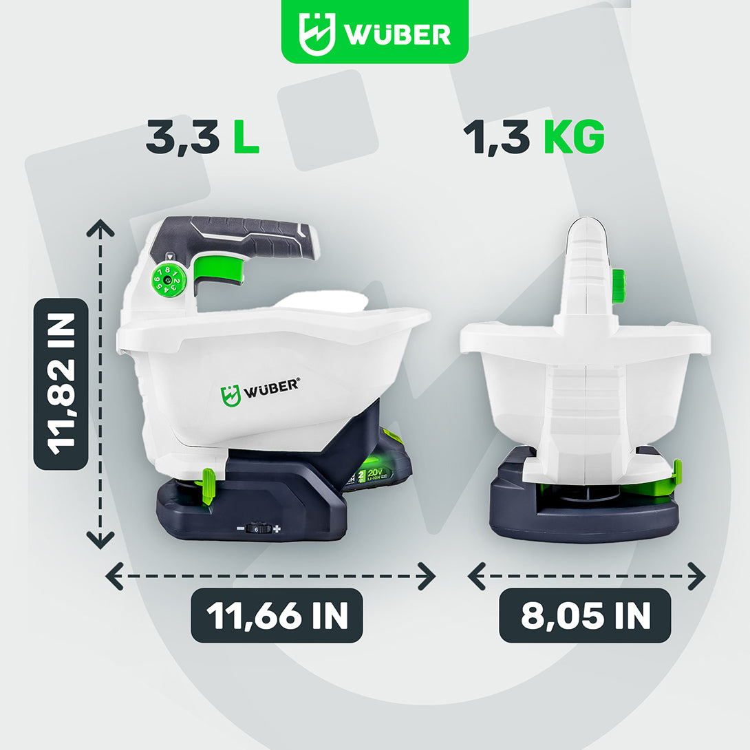 Akumulatorowy siewnik WUBER 3,3 l z ergonomiczną rączką i wskaźnikiem poziomu