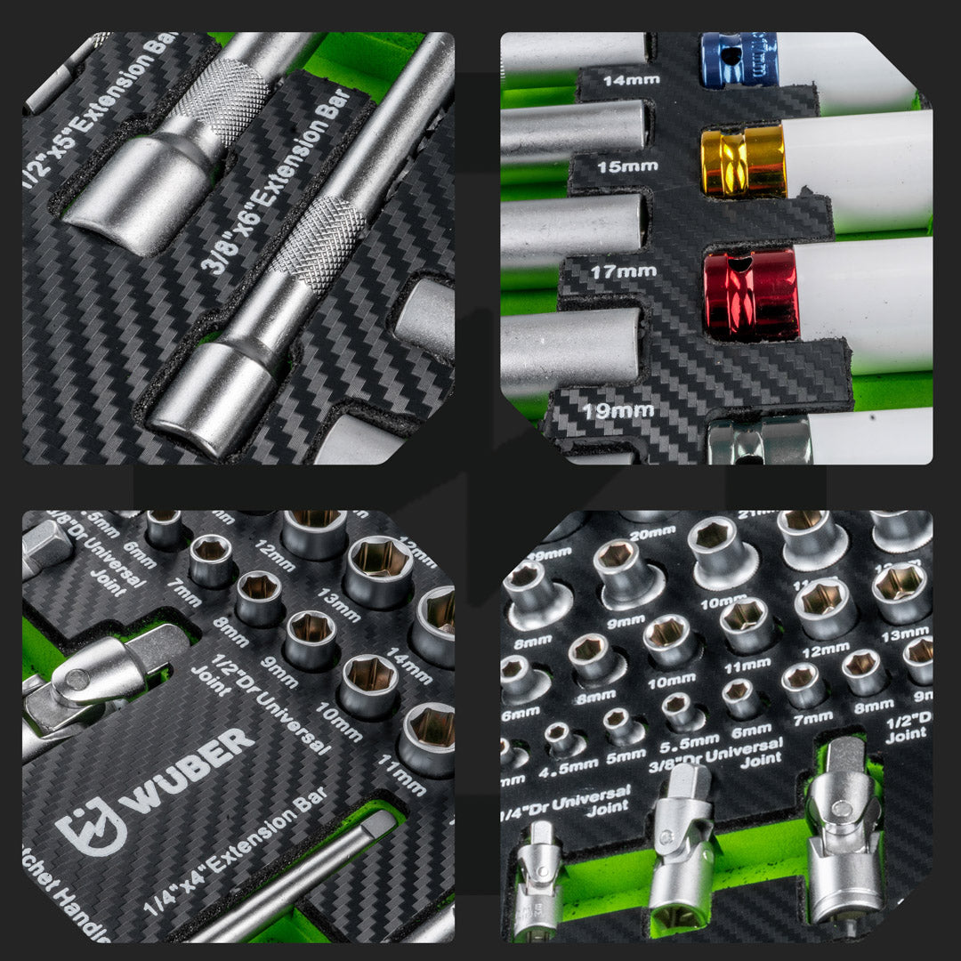 Zestaw narzędzi wkład do szuflady klucze nasadowe 1/4" 3/8" 1/2" 77 elementów WUBER