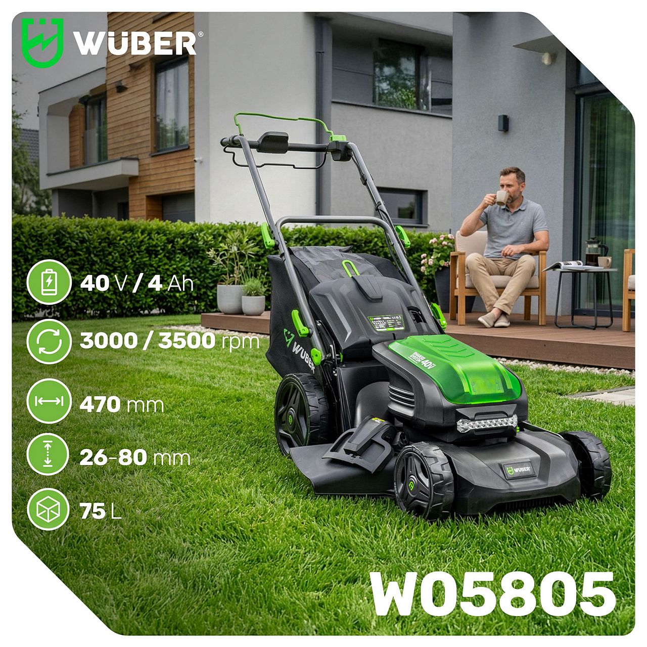 Kosiarka akumulatorowa z napędem 47 cm 4 Ah 40 V 2x akumulatory WUBER