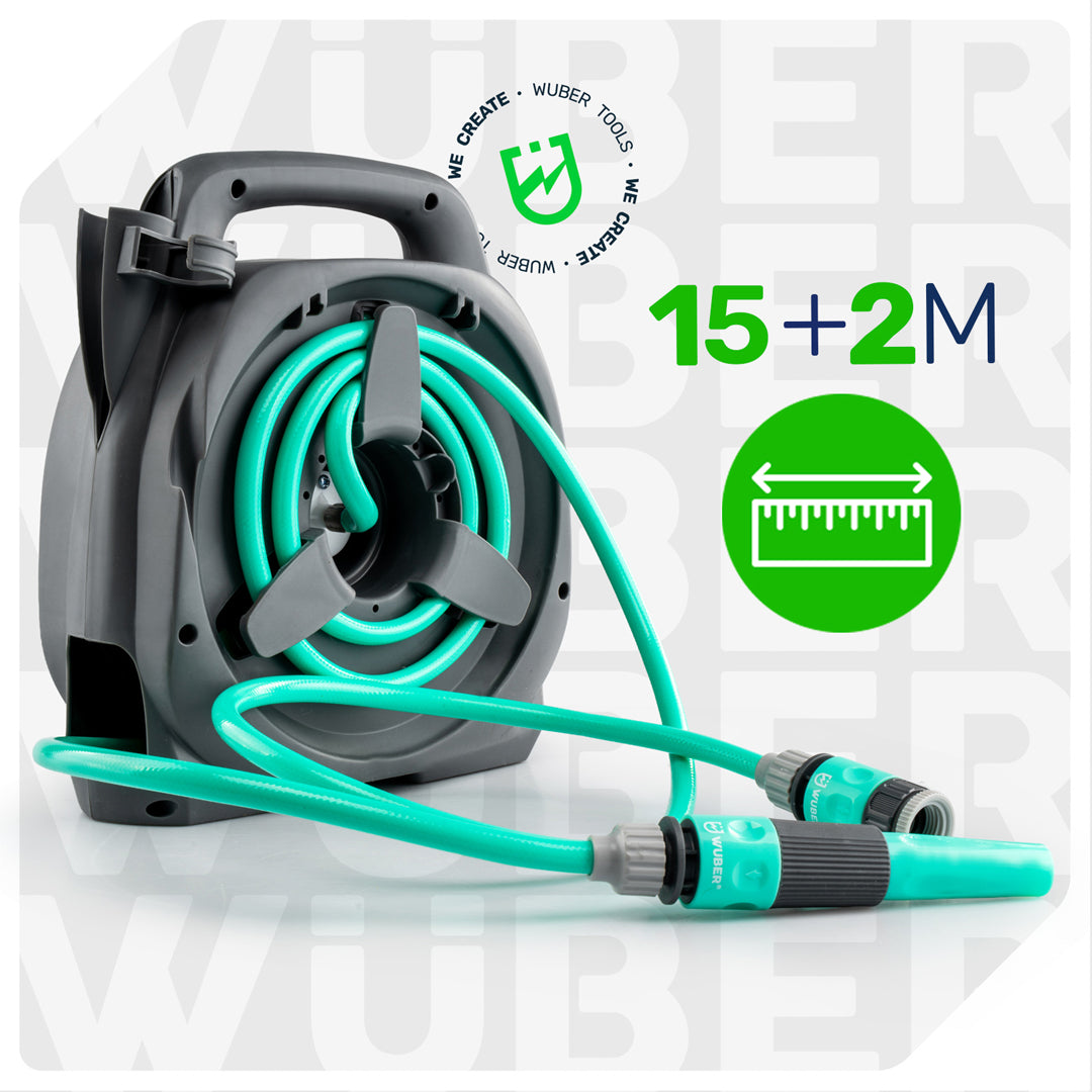 Zwijak manualny na wąż ogrodowy 1/2"-3/4" +pistolet i wąż 15 m WUBER