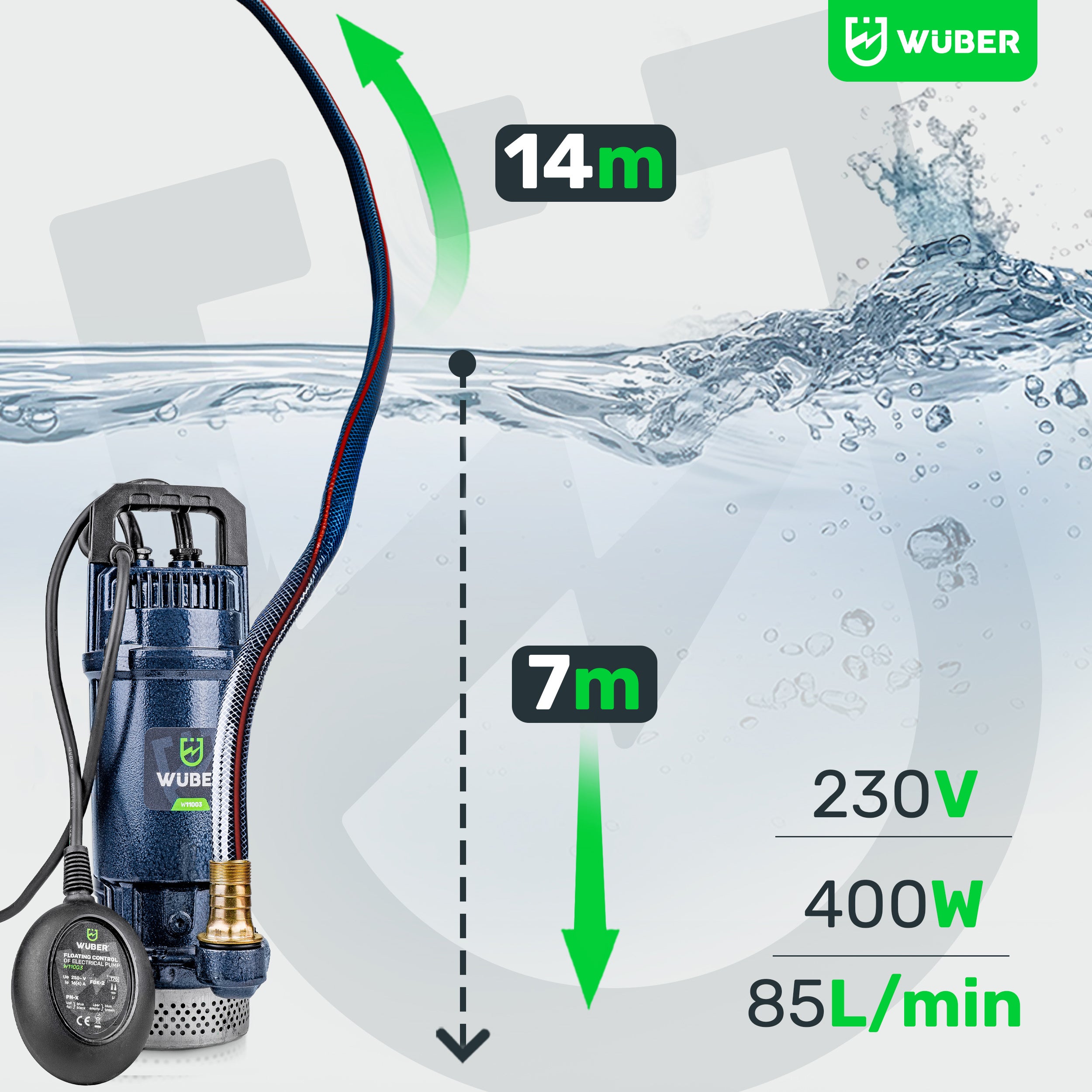 Pompa głębinowa do wody z pływakiem 400 W +wąż strażacki WUBER