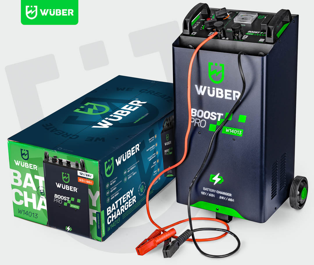 Czarny prostownik akumulatorowy Sklep narzędziowy WUBER z funkcją rozruchu