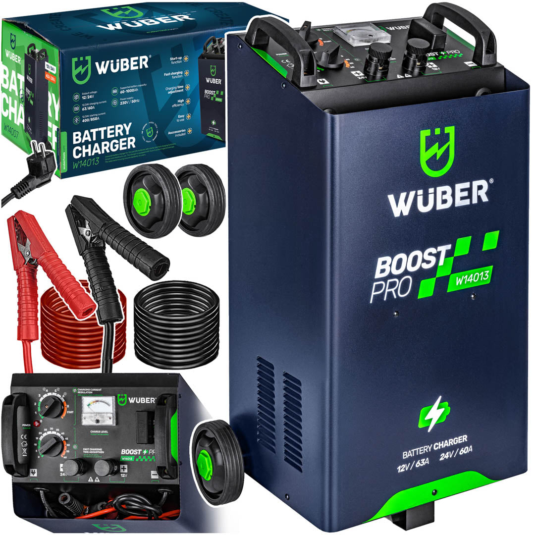 Sklep narzędziowy WUBER prostownik akumulatorowy Boost Pro granatowy z minutnikiem