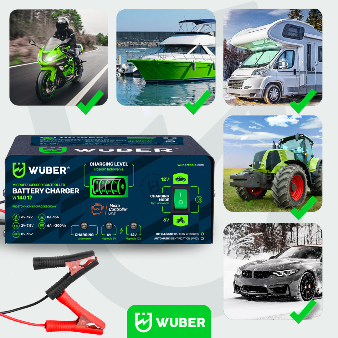 Prostownik samochodowy mikroprocesorowy 6-12 V 15 A WUBER