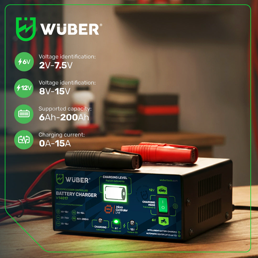 Prostownik samochodowy mikroprocesorowy 6-12 V 15 A WUBER