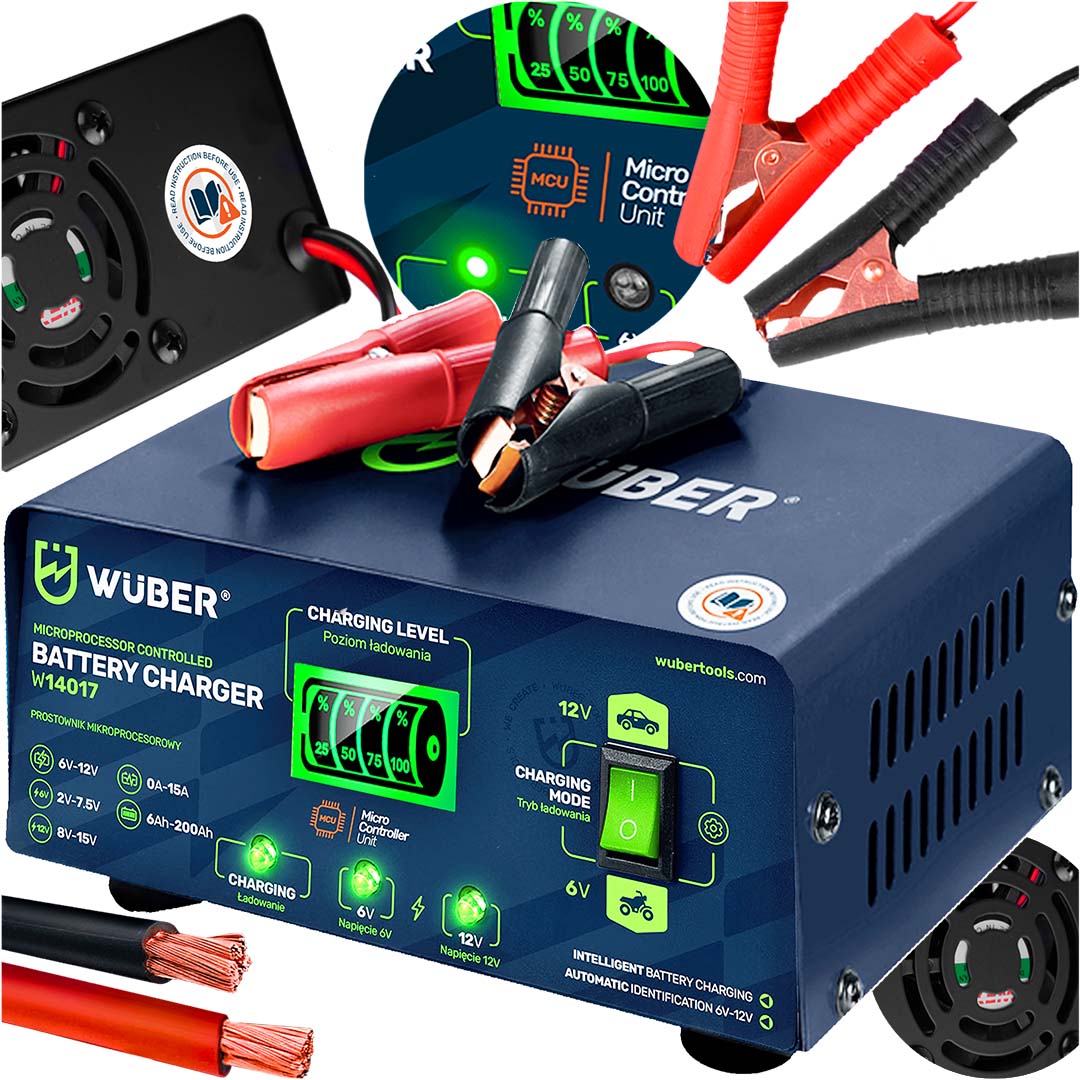 Prostownik samochodowy mikroprocesorowy 6-12 V 15 A WUBER