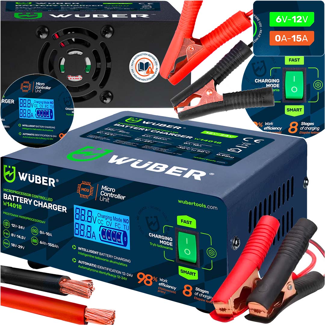 Prostownik samochodowy mikroprocesorowy 2-24 V 10 A 6-150 Ah WUBER