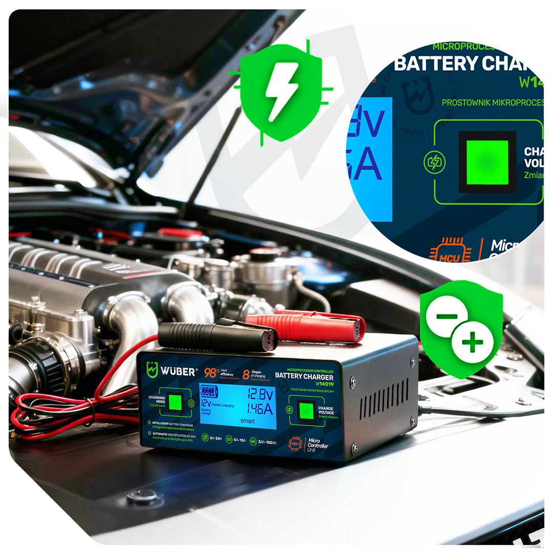 Prostownik samochodowy mikroprocesorowy 2-24 V 10 A 6-150 Ah WUBER