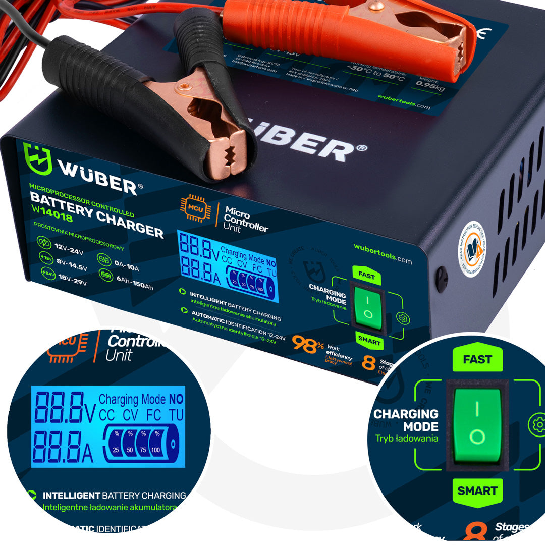 Prostownik samochodowy mikroprocesorowy 2-24 V 10 A 6-150 Ah WUBER