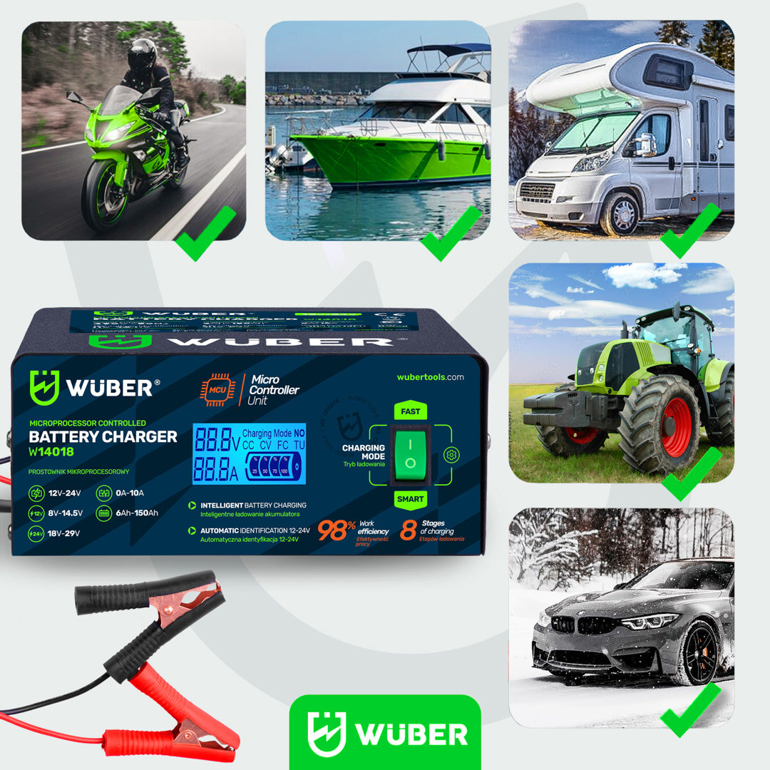 Prostownik samochodowy mikroprocesorowy 2-24 V 10 A 6-150 Ah WUBER