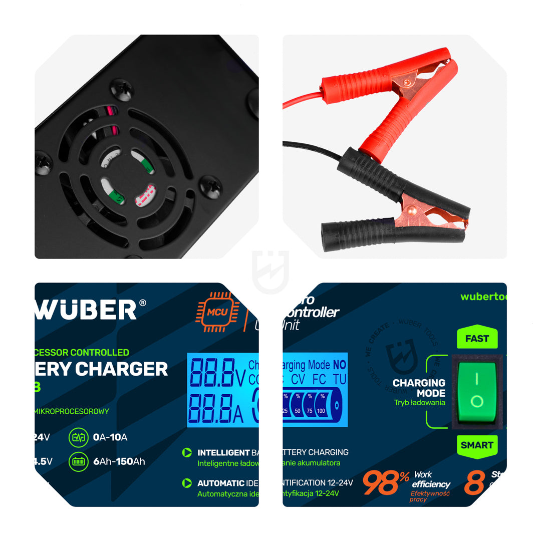 Prostownik samochodowy mikroprocesorowy 2-24 V 10 A 6-150 Ah WUBER