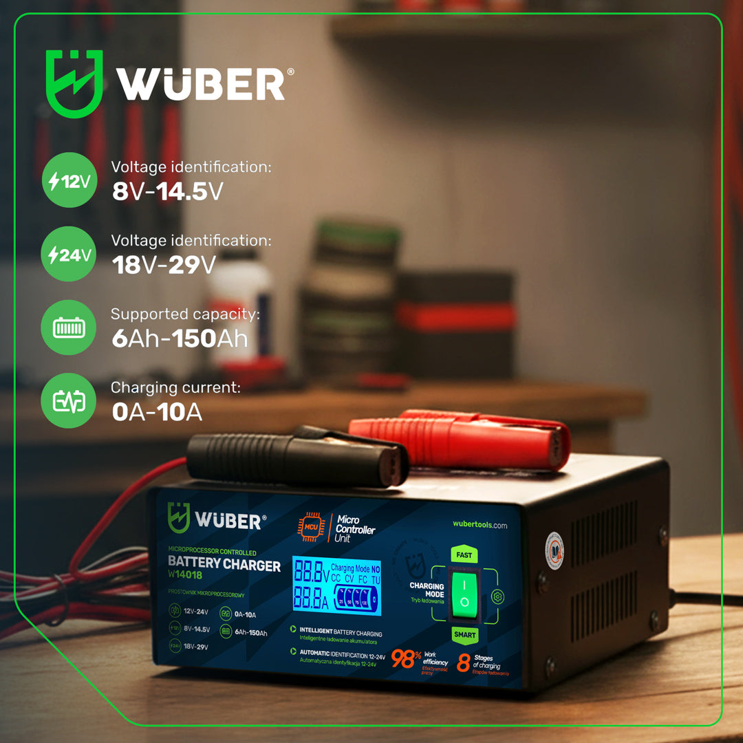 Prostownik samochodowy mikroprocesorowy 2-24 V 10 A 6-150 Ah WUBER