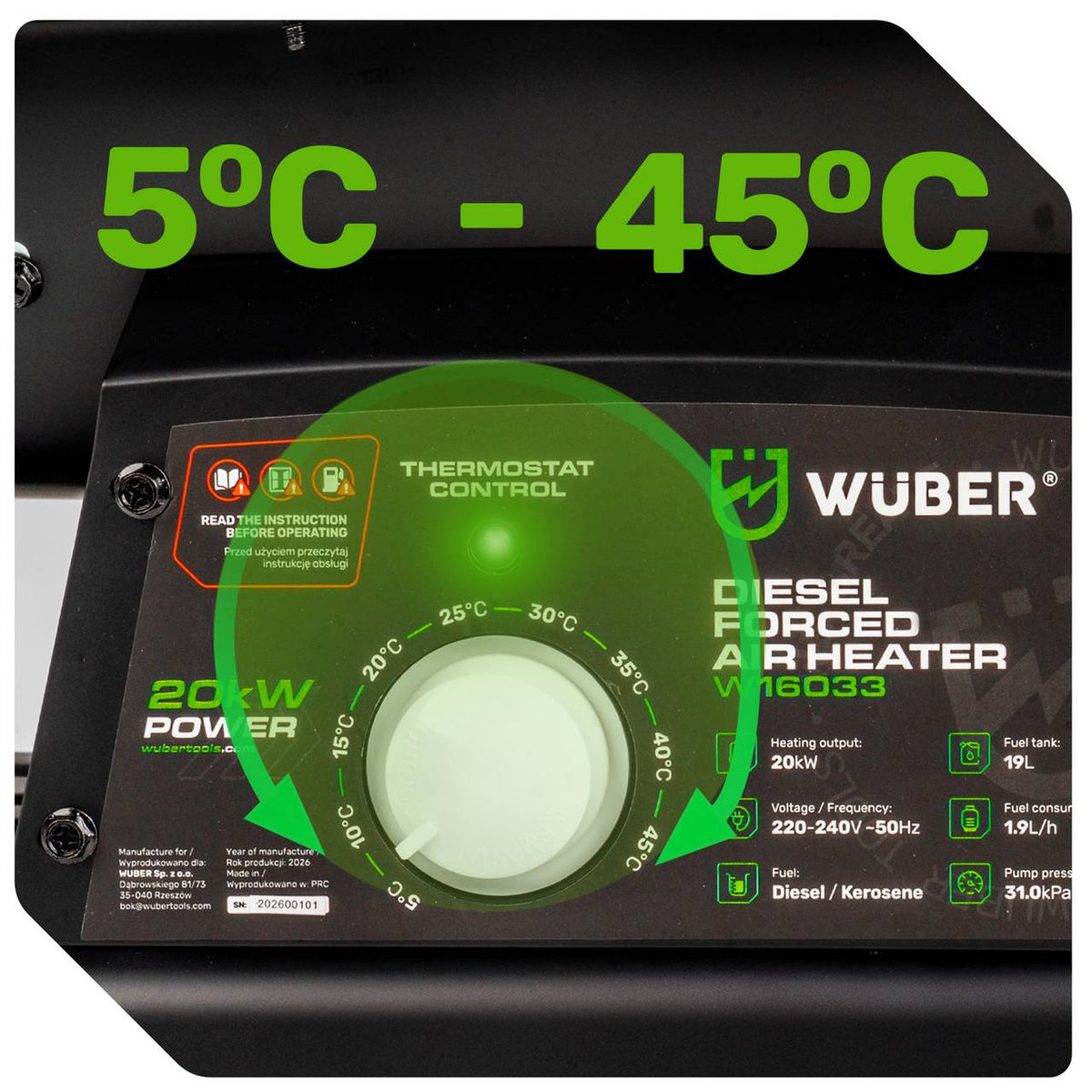 Nagrzewnica olejowa 20 kW z kominem termostat WUBER