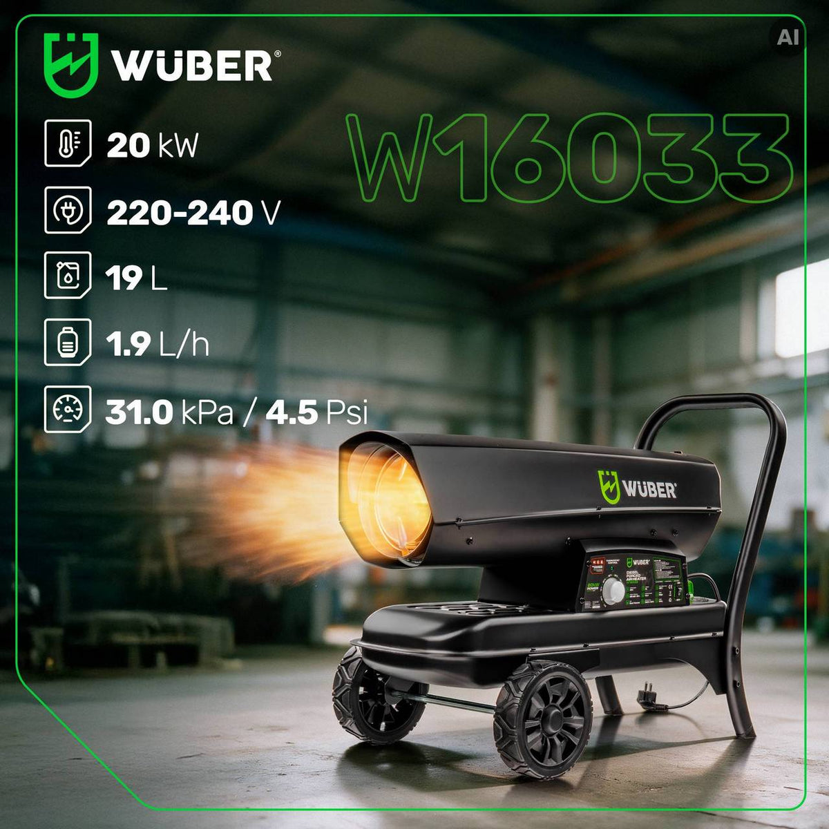 Nagrzewnica olejowa 20 kW z kominem termostat WUBER