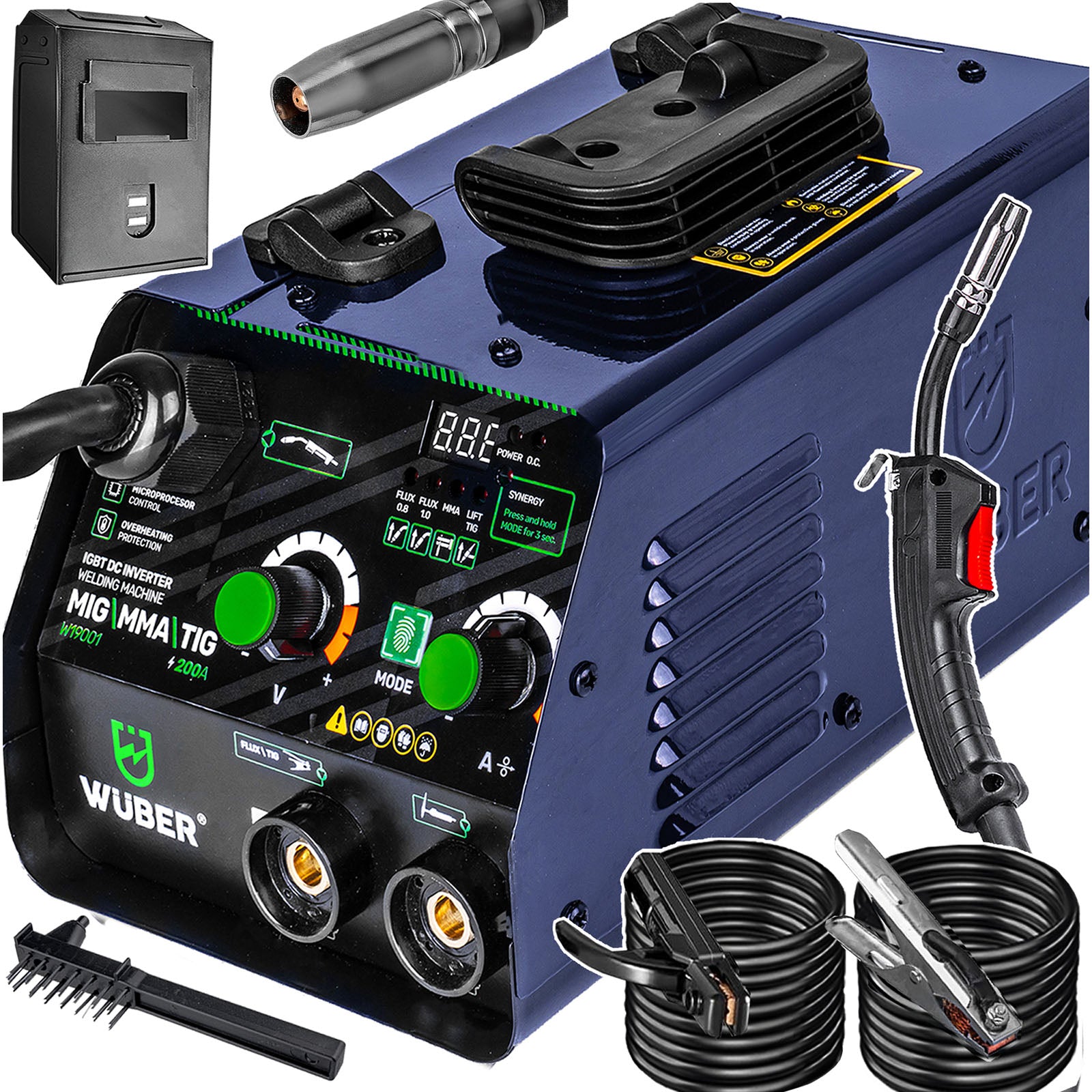 Tarcza ochronna z szybką, przewody, druciana szczotka jako zestaw ze spawarką