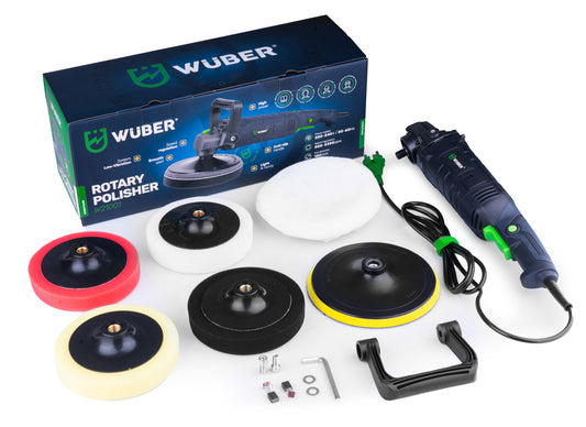 Zestaw gąbek, filc polerski, uchwyt, szczotki węglowe, zestaw montażowy - pełen zestaw akcesoriów z polerką samochodową WUBER