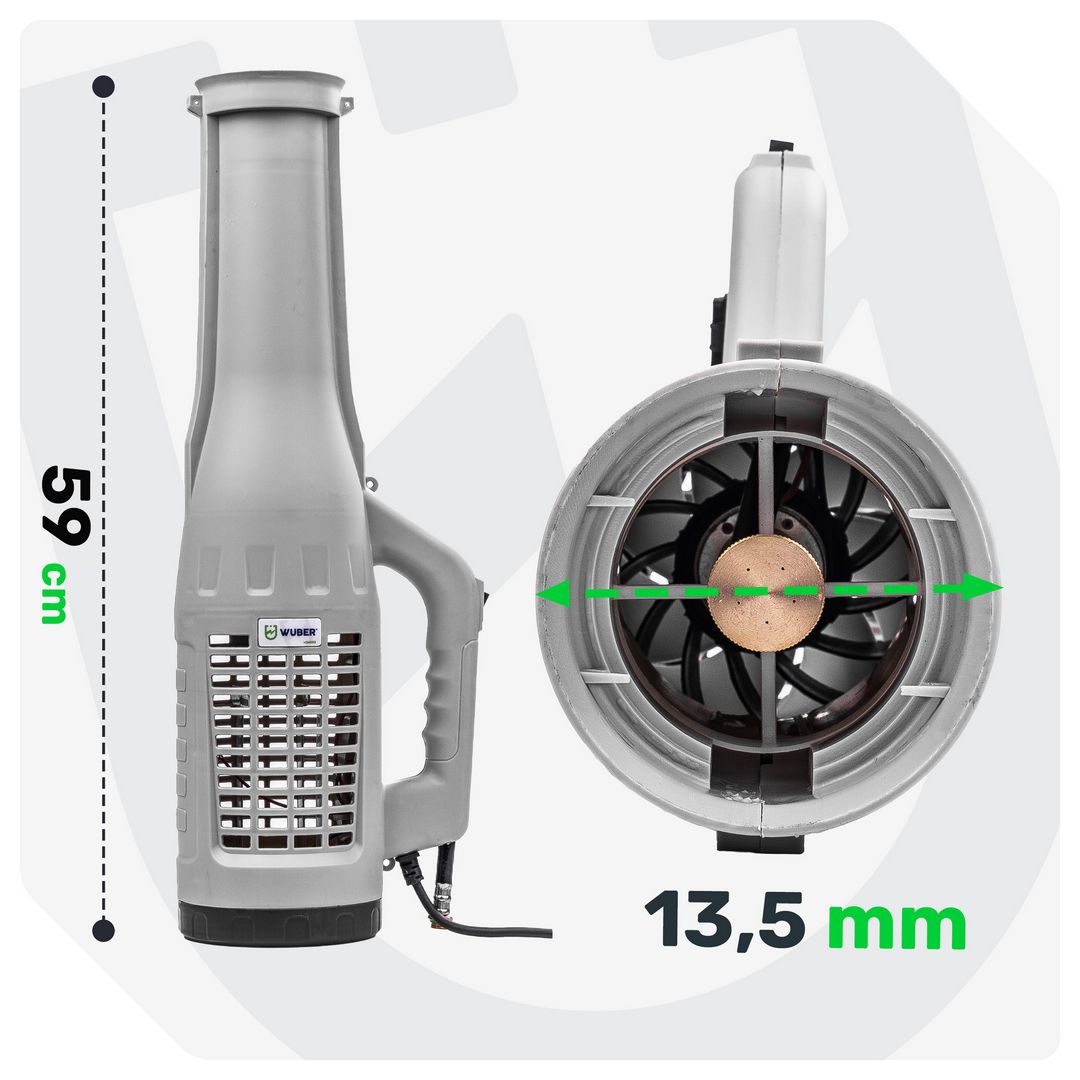 Parametry techniczne - wysokość 59 cm i średnica 13,5 cm dyszy rozpylającej