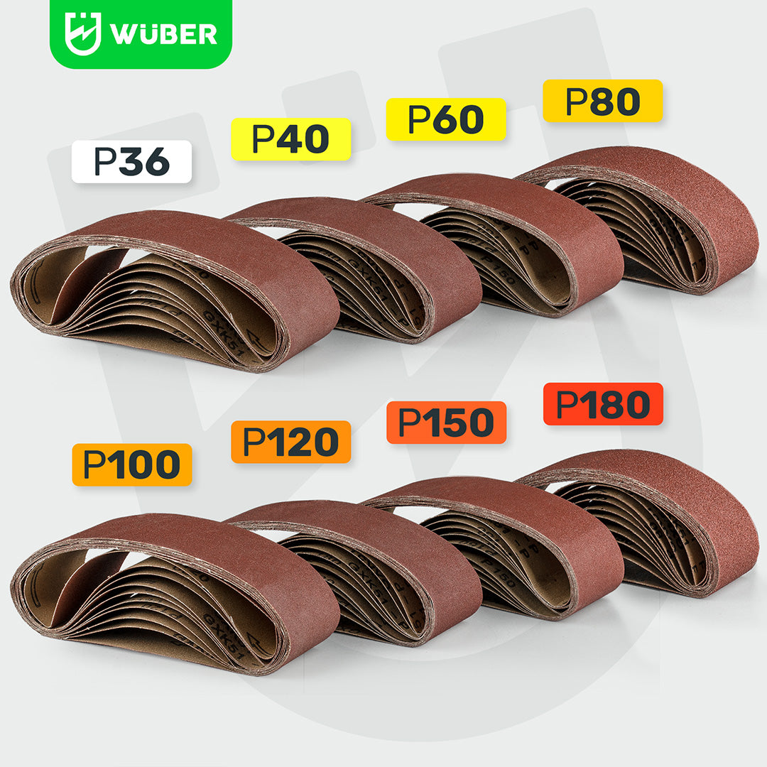 Kilka rodzajów gradacji papierów ściernych: P36, P40, P60, P80, P100, P120, P150, P180