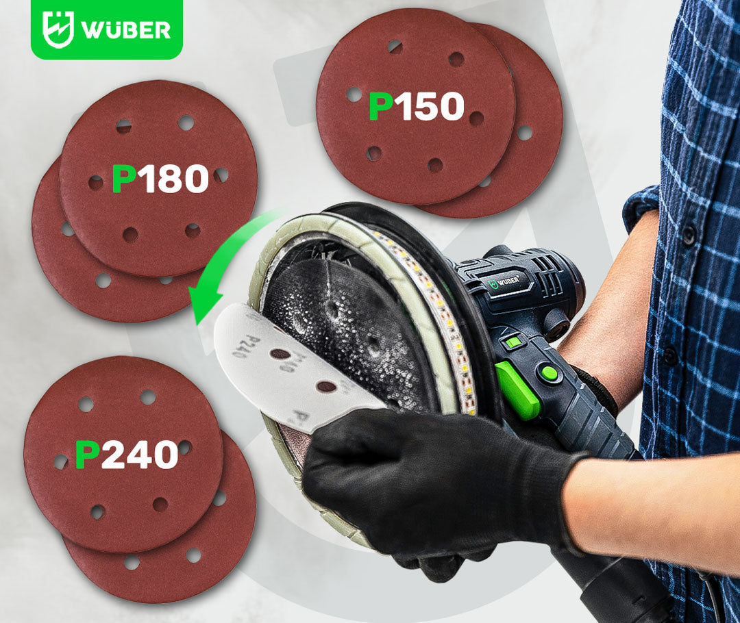 Trzy gradacje wymiennych papierów ściernych: P150, P180, P240