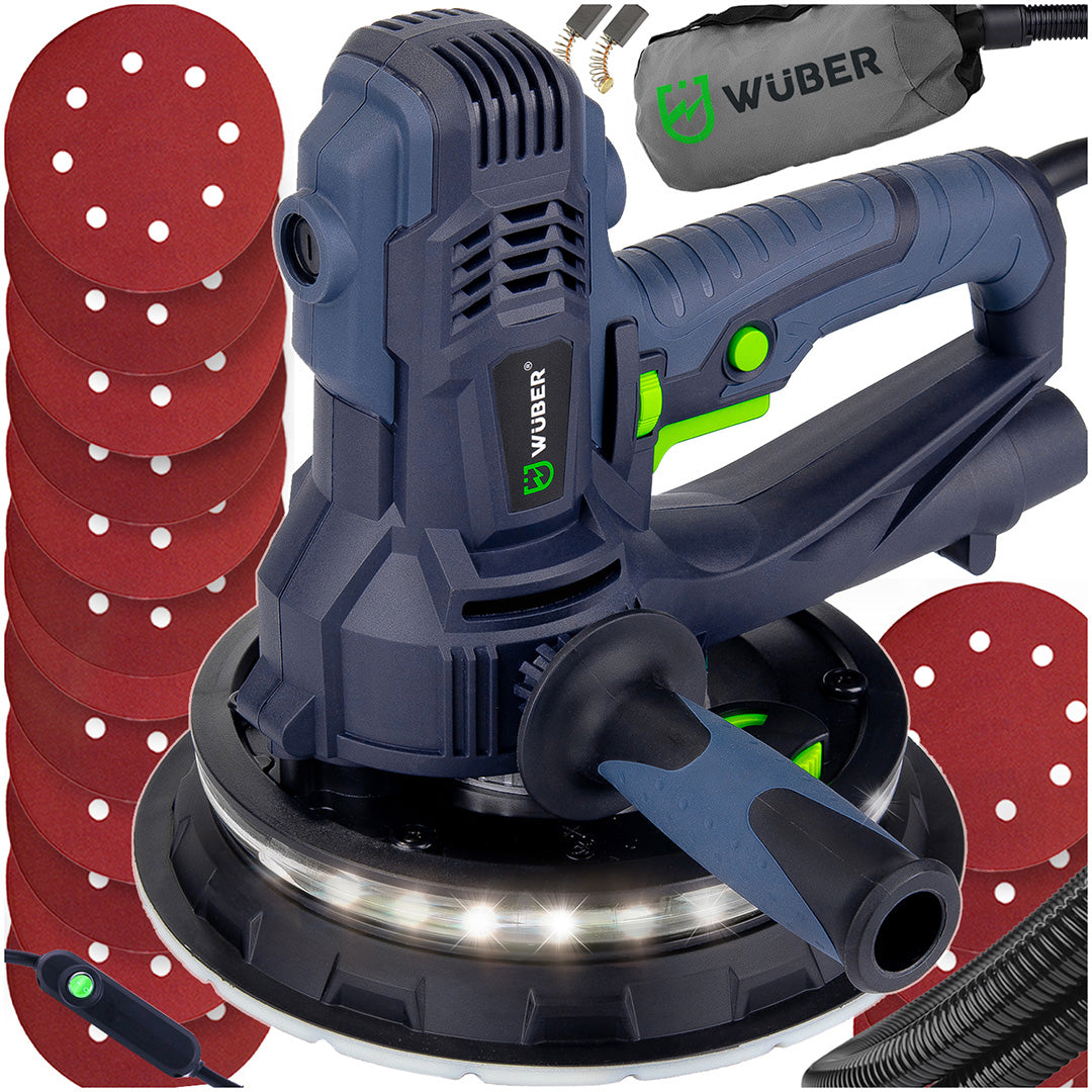 Szlifierka do gipsu 800 W PRO 180 mm LED +15 papierów WUBER