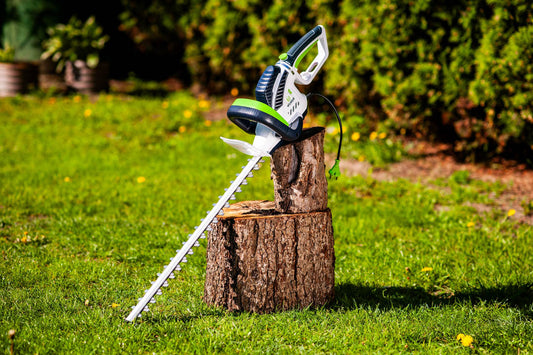 Nożyce ogrodowe do żywopłotu oparte o pień drzewa - W27331