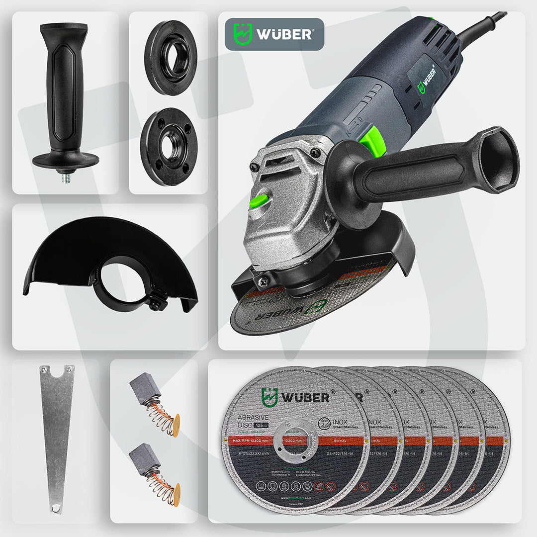 Akcesoria do szlifierki kątowej: uchwyt, osłona tarczy, klucz, szczotki węglowe, 6 tarcz.