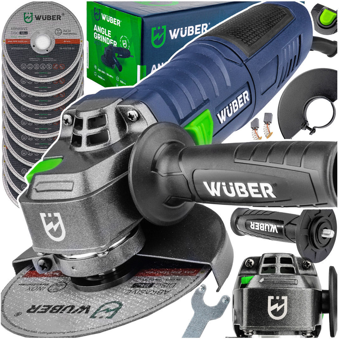 Zestaw z szlifierką kątową: 10 tarcz, osłona tarczy i inne akcesoria