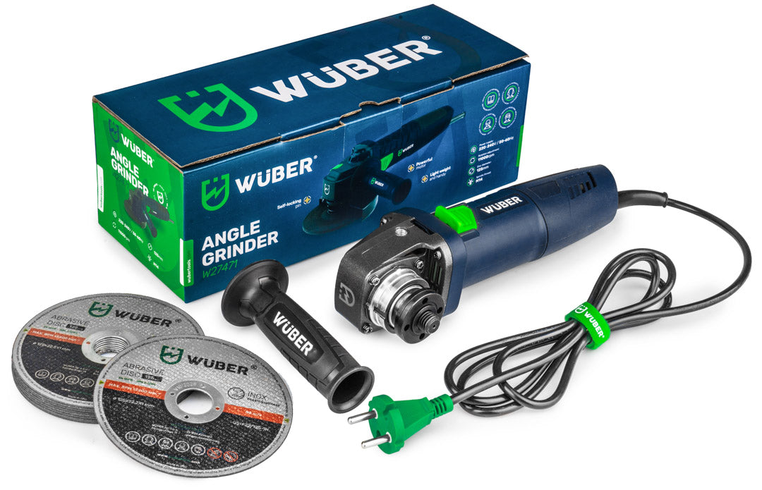 Szlifierka kątowa elektryczna, tarcze, dodatkowy uchwyt i opakowanie producenta