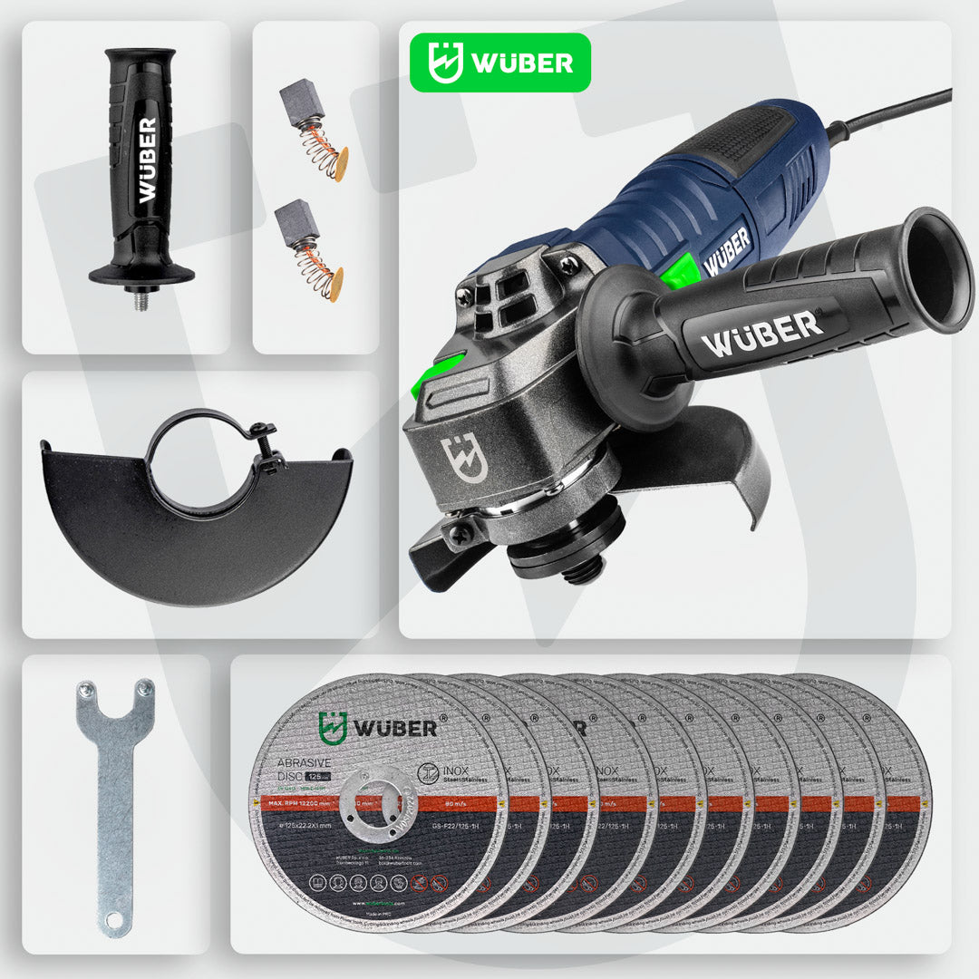 Zestaw z szlifierką kątową: uchwyt, szczotki węglowe, osłona tarczy, klucz montażowy, 10 tarcz