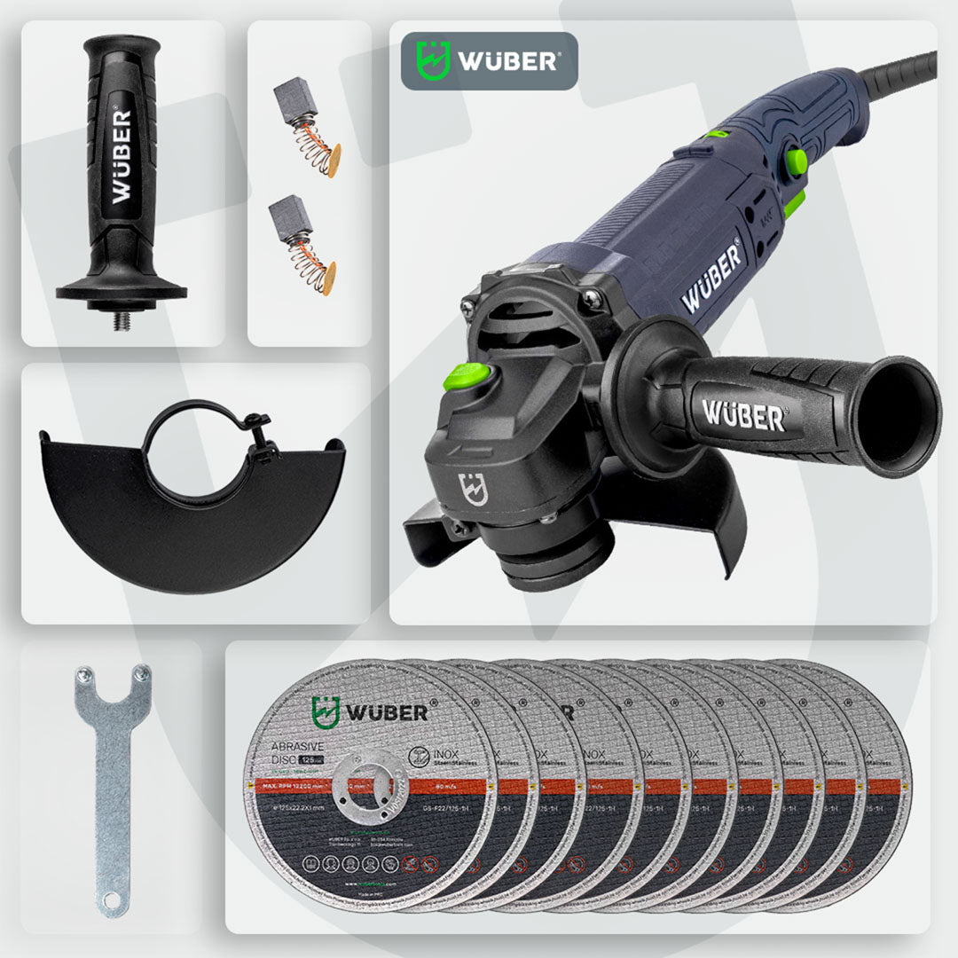 Tarcze, klucz montażowy, osłona tarczy, uchwyt, szczotki węglowe w zestawie ze szlifierką kątową W27474