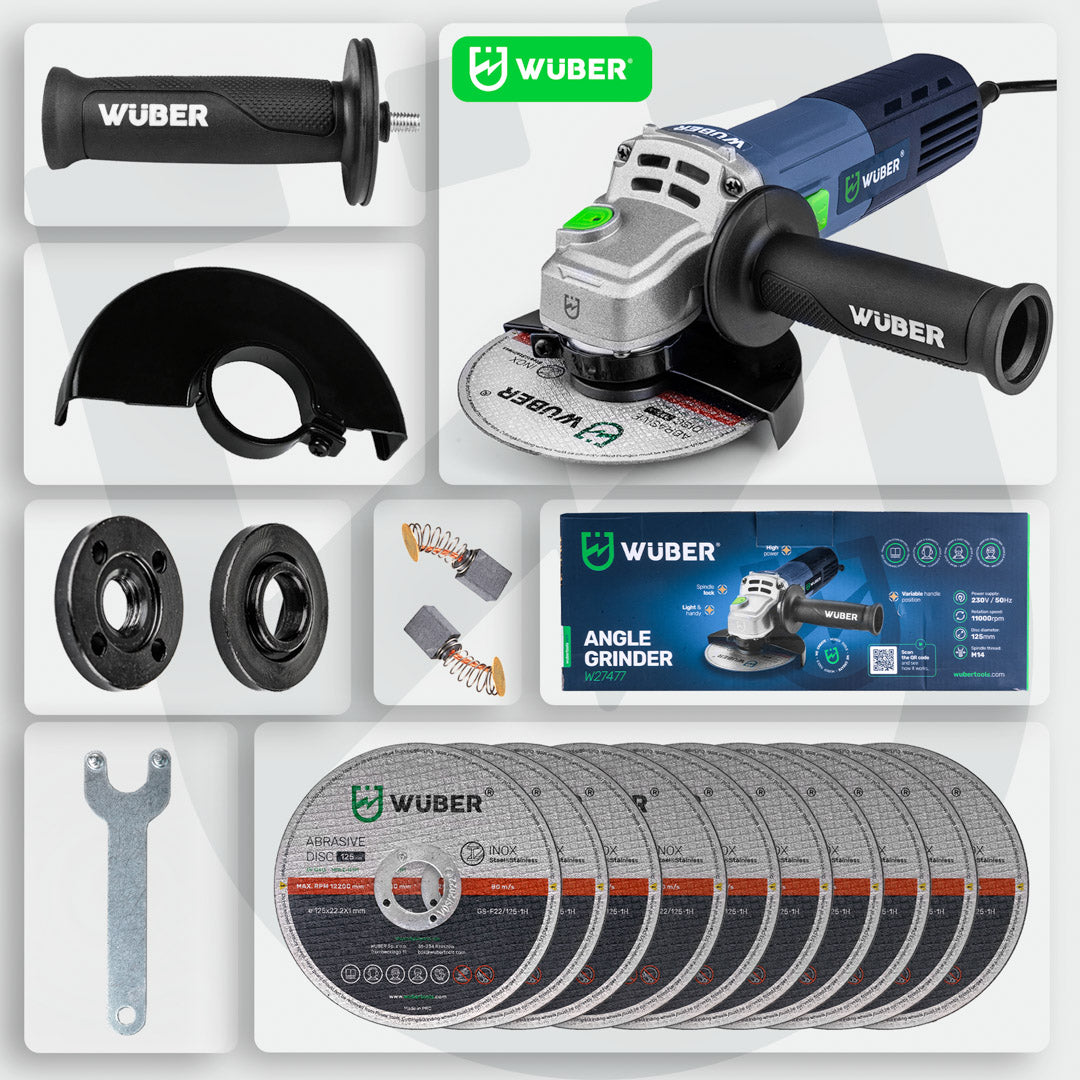 Zestaw ze szlifierką W27477 - uchwyt, osłona tarczy, szczotki węglowe, klucz montażowy, tarcze szlifierskie