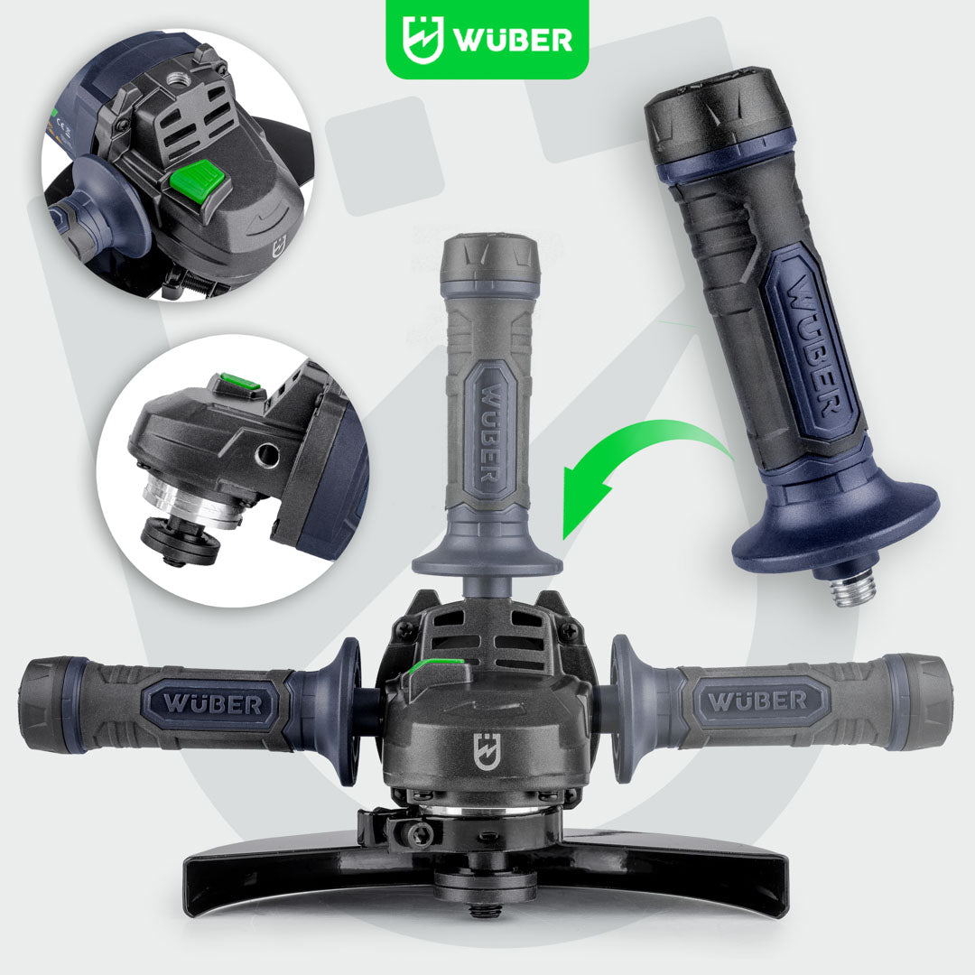 Trzy pozycje ustawienia dodatkowego uchwytu - lewo, prawo oraz góra w szlifierce kątowej W27480