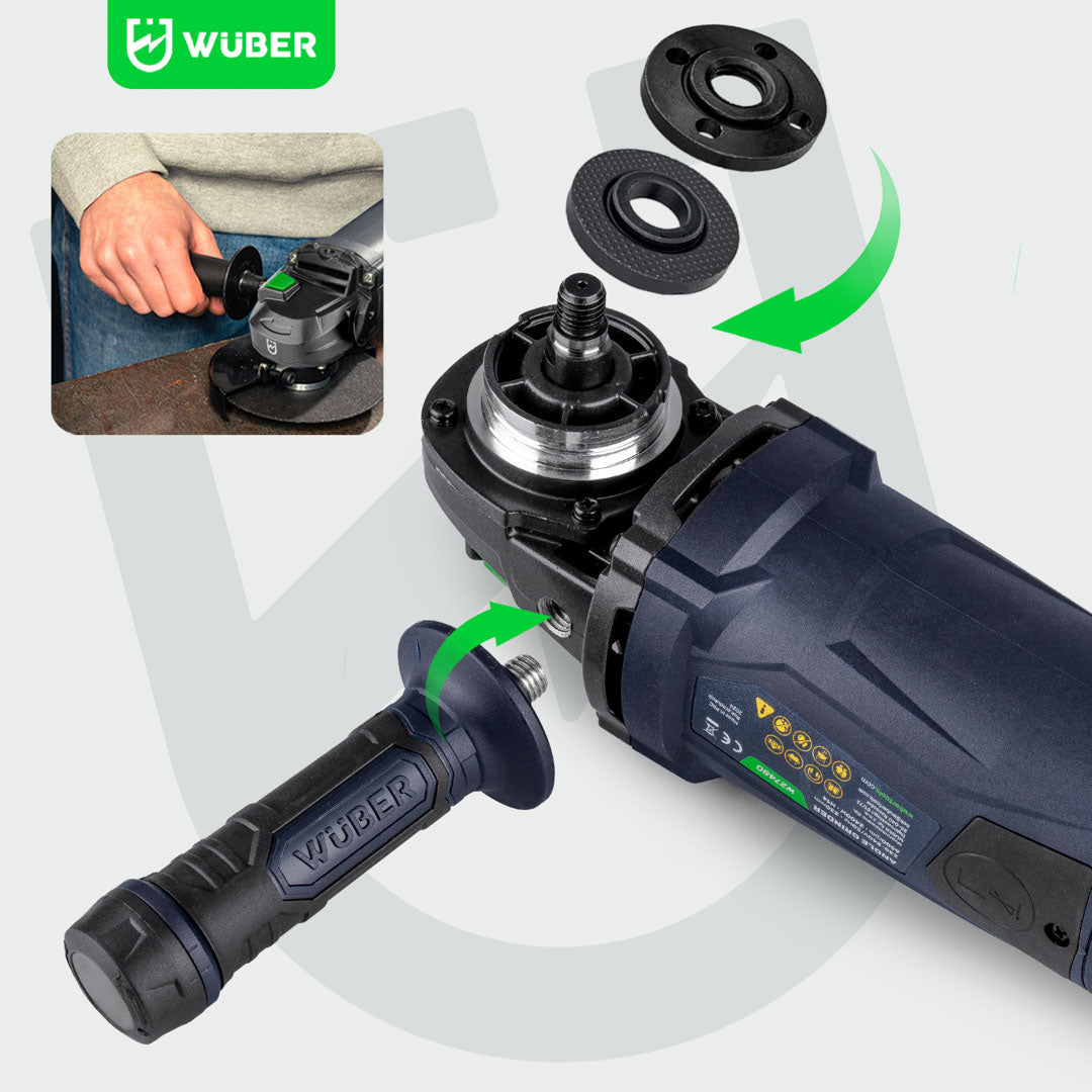 Montaż tarczy szlifierskiej i dodatkowego uchwytu w szlifierce elektrycznej W27480