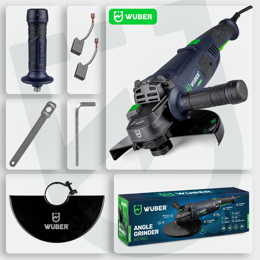 Dodatkowy uchwyt, szczotki węglowe, klucze montażowe, osłona na tarczę, kartonowe opakowanie - szlifierka W27480