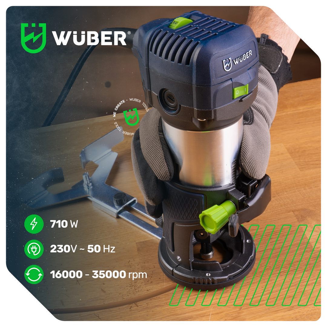 Specyfikacja frezarki: moc 710 W, zasilanie 230 V, prędkość obrotowa 1600-35000 ob./min