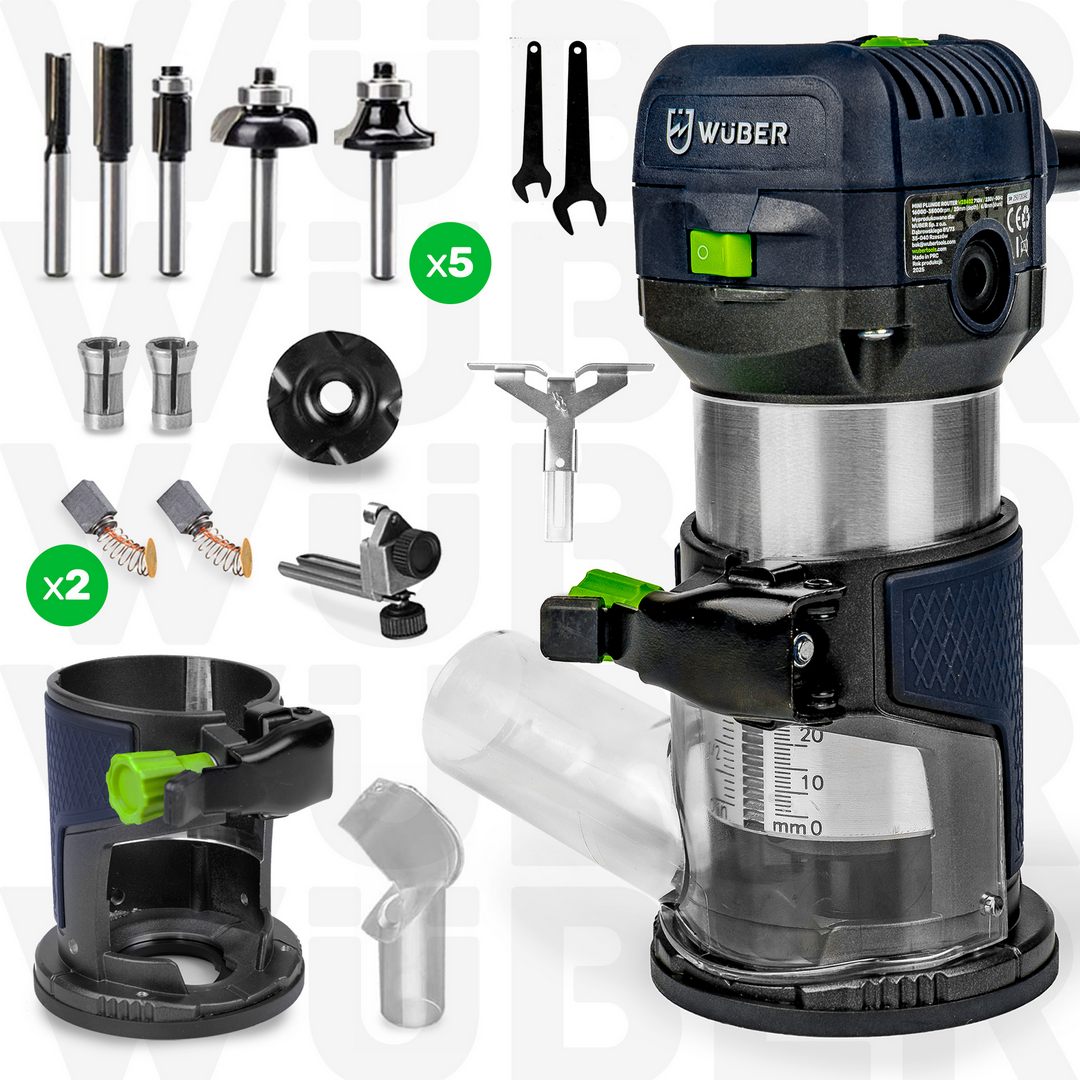 Frezarka górnowrzecionowa i akcesoria: 5 frezów, osłona przeciwpyłowa, 2 prowadnice, 2 tuleje, klucz montażowy, szczotki węglowe